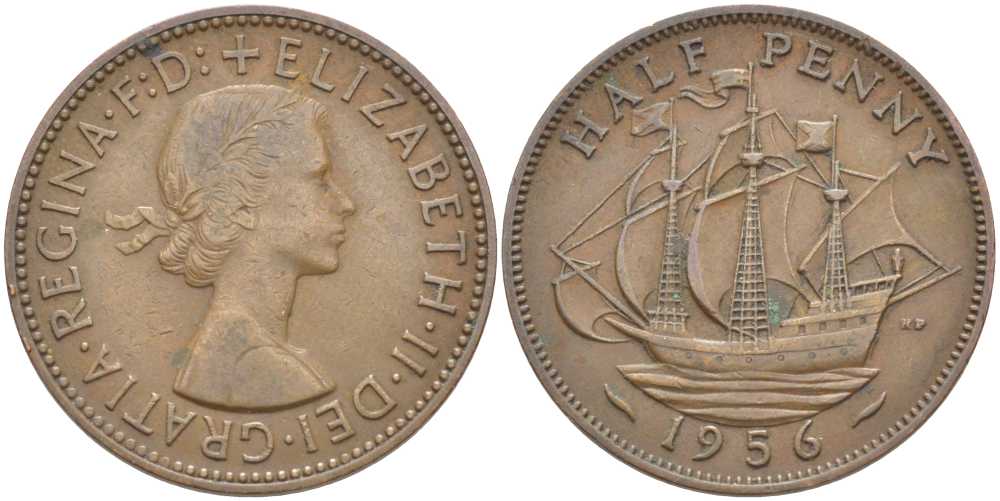 Великобритания 1/2 пенни 1956 Елизавета II (1952-2022) KM 896, Spink 4158 бронза 110-722