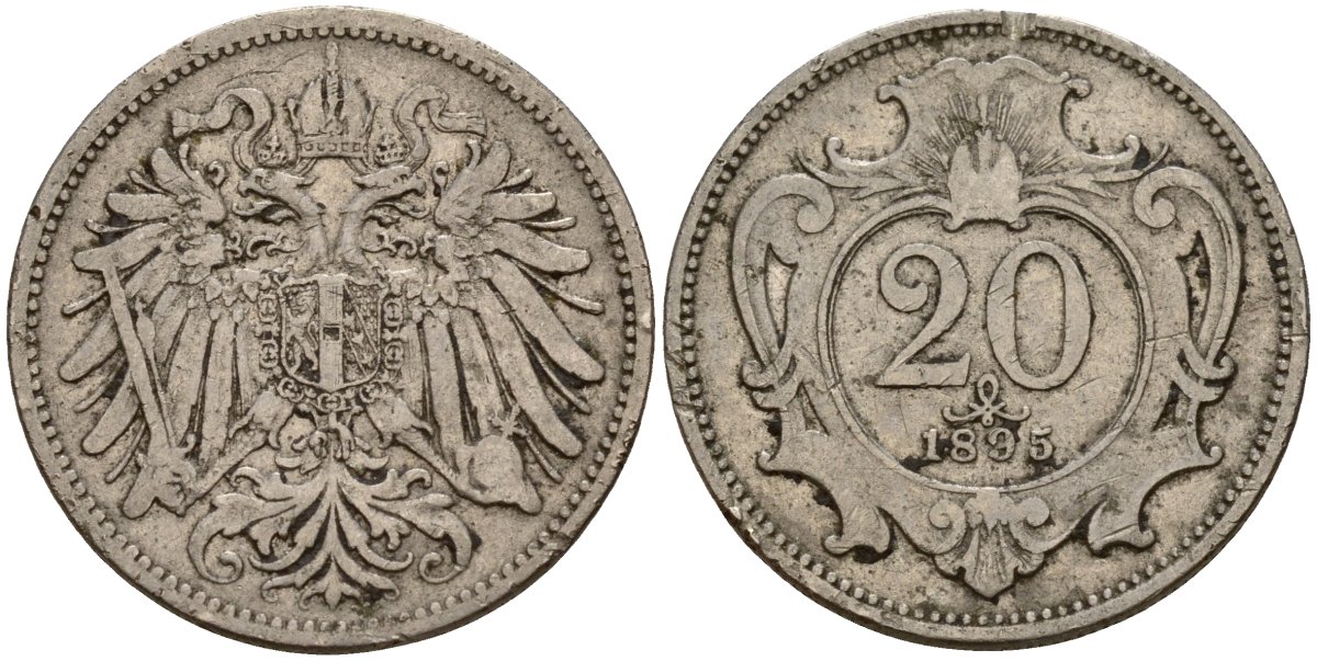 Австрия 20 геллеров 1895 Франц Иосиф I (1848-1916) KM 2803 никель 4154-847