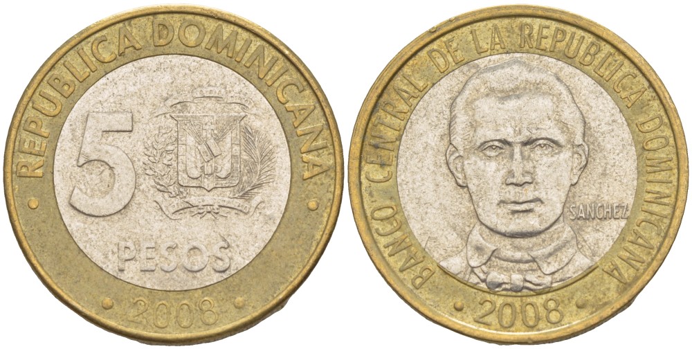 Доминиканская республика 5 песо 2008 Санчес KM 89 биметалл 4541-1125
