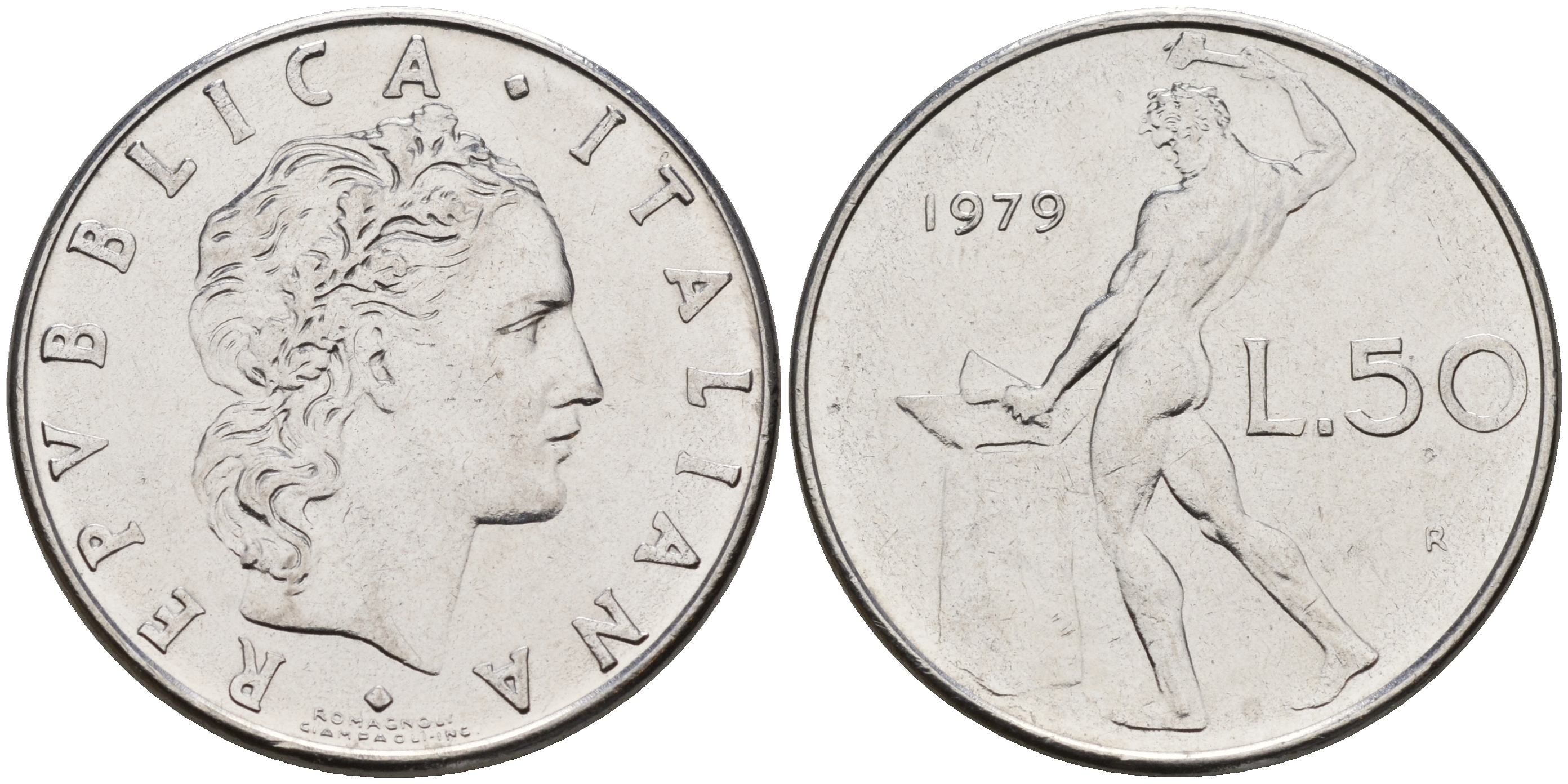 Италия 50 лир 1979 R, кузнец KM 95.1 сталь    4153-226