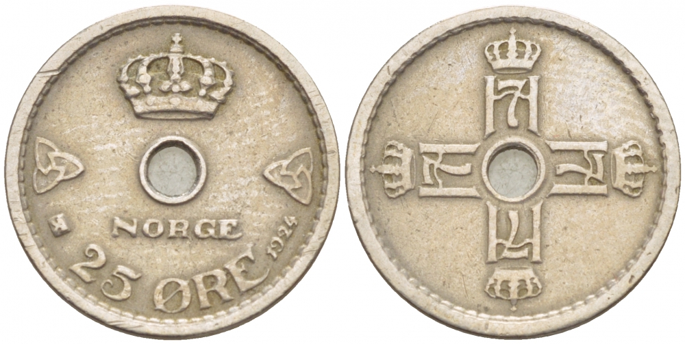 НОРВЕГИЯ 25 ЭРЕ 1924 ХОКОН VII (1905-1957) KM 384 медно-никель 4547-1043