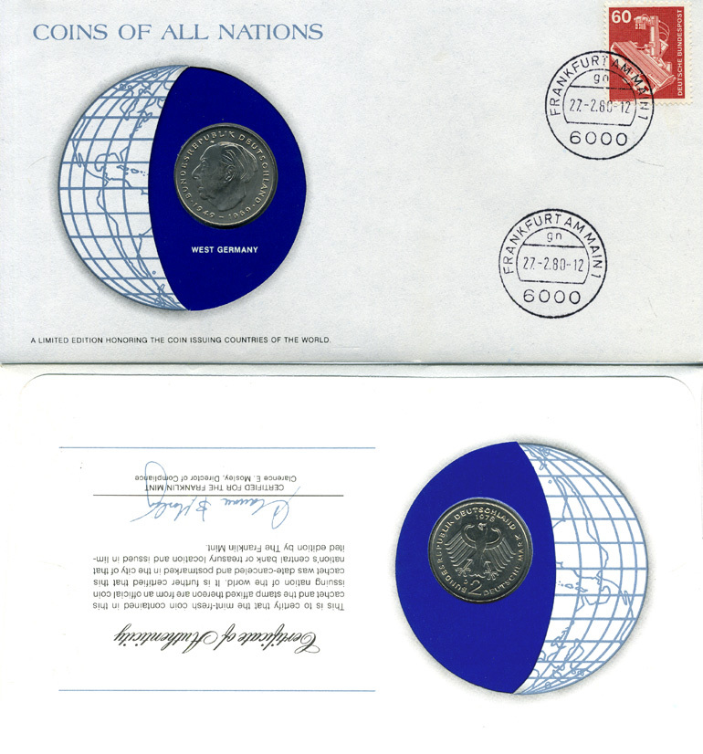 ФРГ 2 МАРКИ 1978 D, ТЕОДОР ХОЙС, конверт с маркой первого дня гашения, Coins of Nations KM А127 медно-никель плакированный никелем UNC 4294-21-3