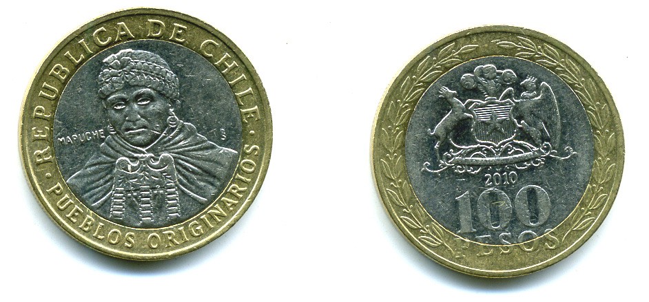 Чили 100 песо 2010 индейцы Мапуче KM 236 биметалл 29-1252