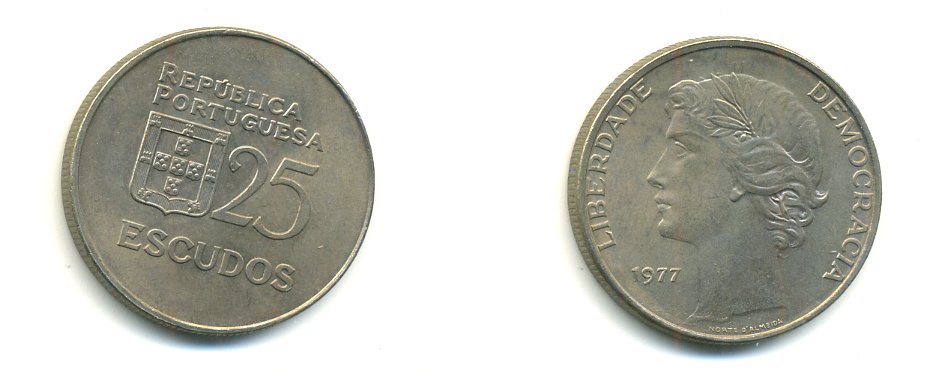 ПОРТУГАЛИЯ 25 ЭСКУДО 1977 KM 607 медно-никель aUNC 54-1444