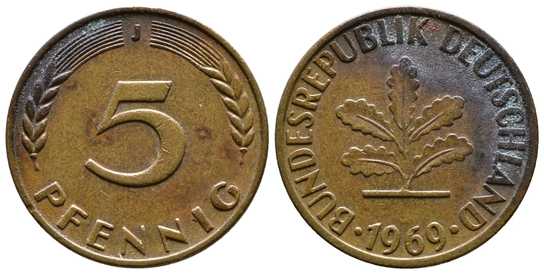 ФРГ 5 ПФЕННИГОВ 1969 J KM 107, J. 382 сталь плакированная латунью 56-955
