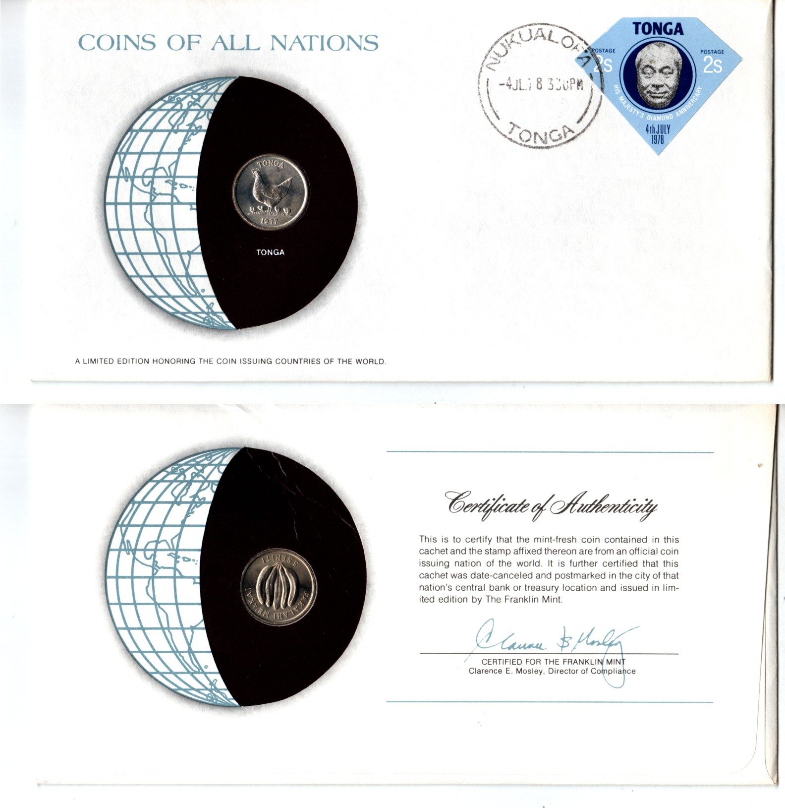 Тонга 5 сенити 1977 конверт с маркой первого дня гашения, Coins of Nations KM 44 медно-никель UNC 4294-31-3