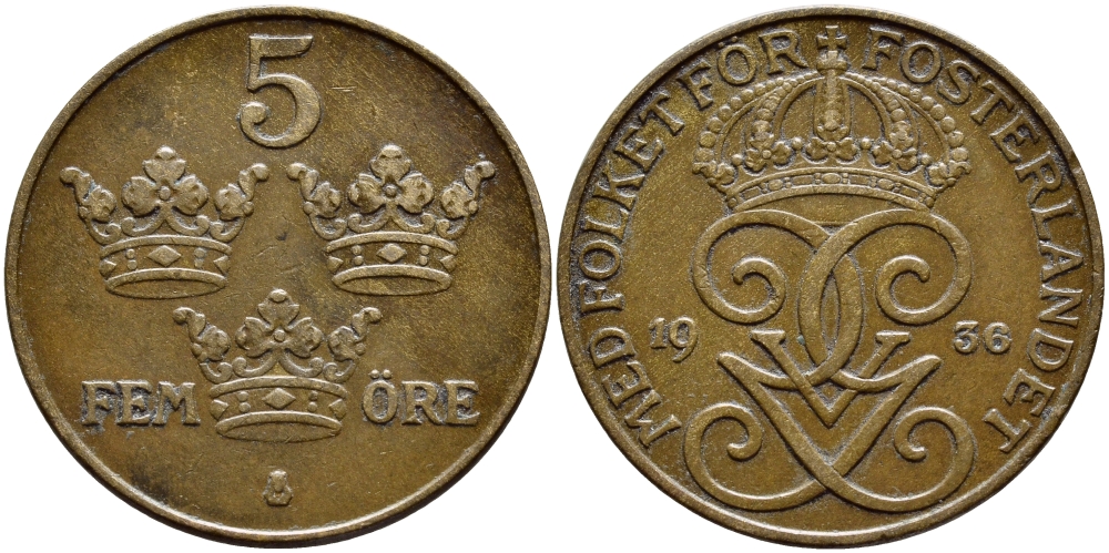 Швеция 5 эре 1936 короткая 6, Густав V (1907-1950) KM 779.2 бронза 4394-932