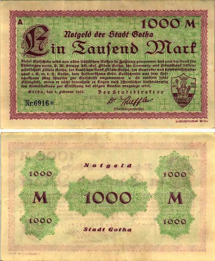 ГОТА 1000 МАРОК 1923 НОТГЕЛЬД, 8 ФЕВРАЛЯ 1923, ЗЕМЛЯ ТЮРИНГИЯ Muller 1825.9 бумага 6318-35-2-1