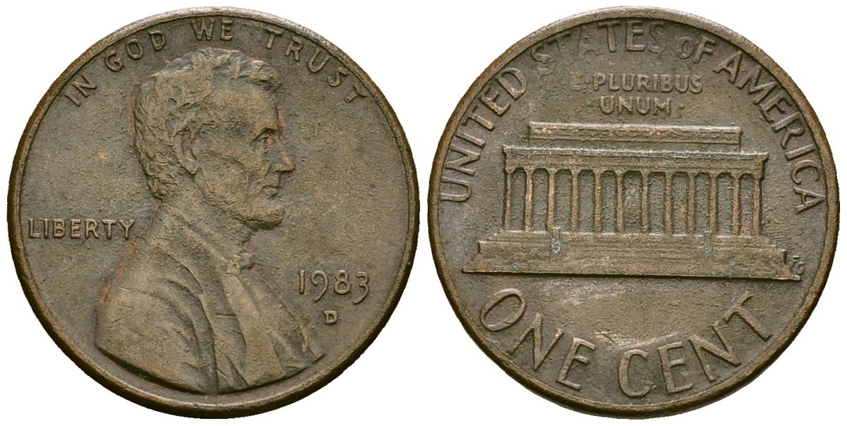 США 1 цент 1983 D, Линкольн KM 201b цинк плакированный медью 4136-227