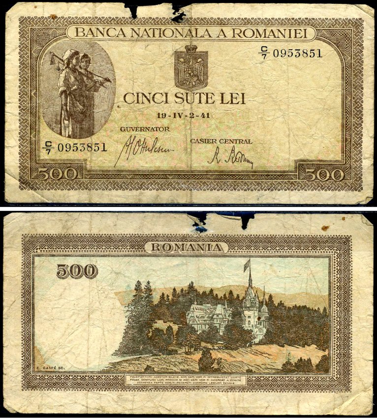 Румыния 500 леев 1941 крестьянки, замок Пелеш, 2 апреля 1941 Pick 51 а бумага 6299-6-1-1