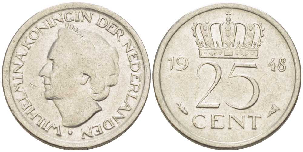 НИДЕРЛАНДЫ 25 ЦЕНТОВ 1948 ВИЛЬГЕЛЬМИНА (1890-1948) KM 177 никель 211-625