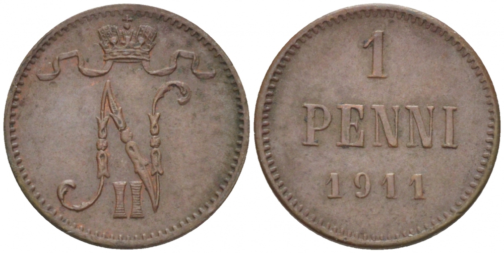 Россия для Финляндии 1 пенни 1911 Николай II (1894-1917) KM 13, Биткин 471 медь 4396-1348