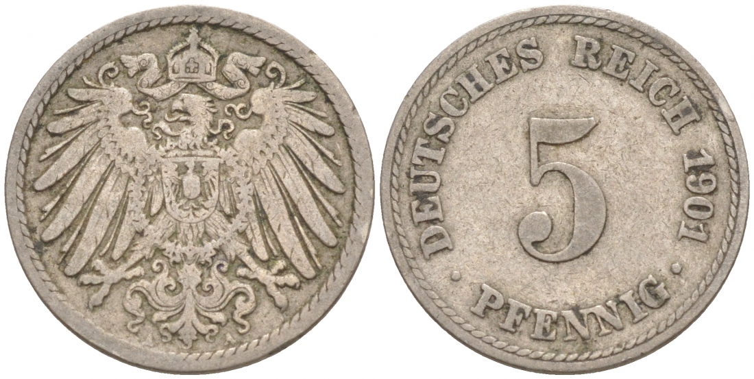 ГЕРМАНИЯ 5 ПФЕННИГОВ 1901 A, KM 11, J. 12 медно-никель 73-168