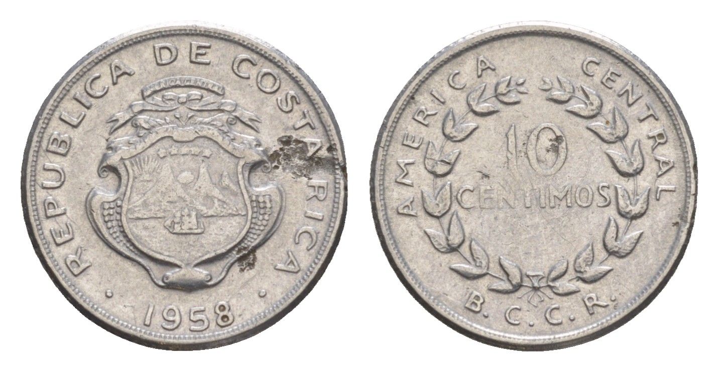 Коста-Рика 10 сентимо 1958 KM 185.1a нержавеющая сталь 4644-613