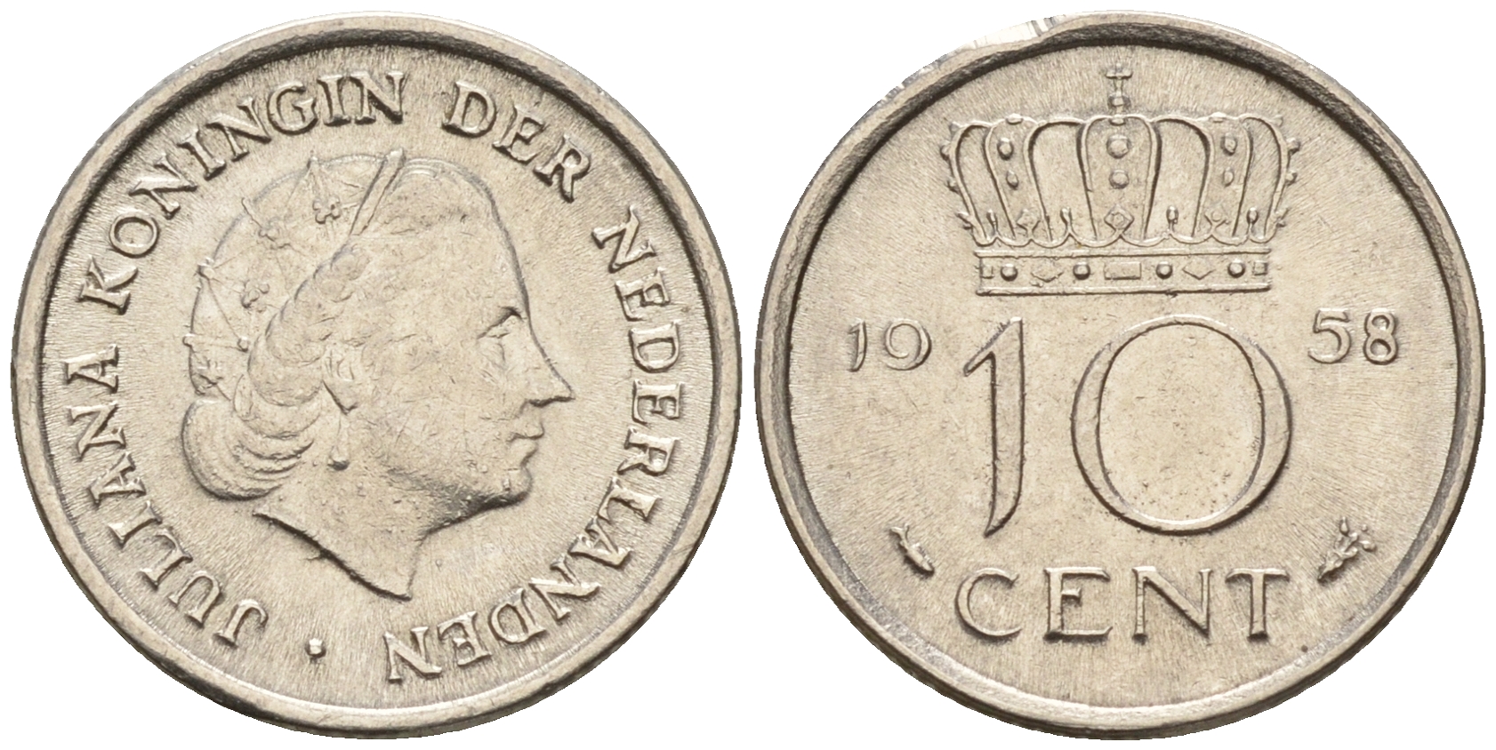 Нидерланды 10 центов 1958 Юлиана (1948-1980) КМ 182 никель    4602-529