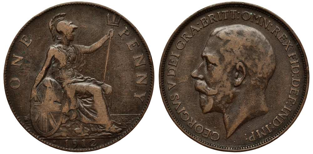 Великобритания 1 пенни 1912 H, Георг V (1910-1936) KM 810, Spink 4052 бронза 180-223