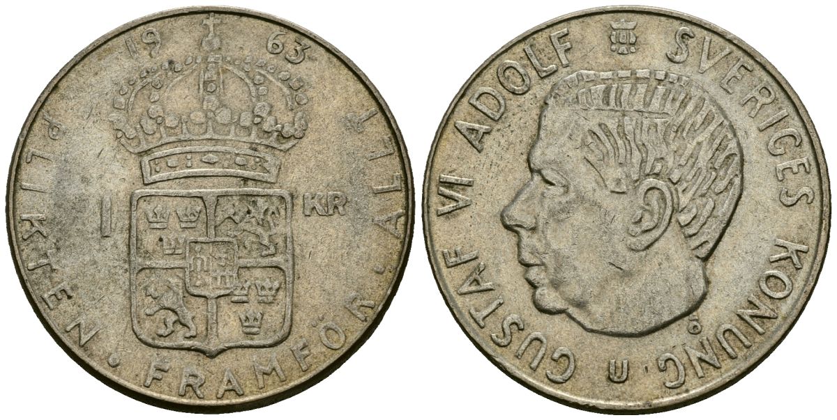 Швеция 1 крона 1963 U, Густав VI Адольф (1950-1973) KM 826 серебро 4177-1015