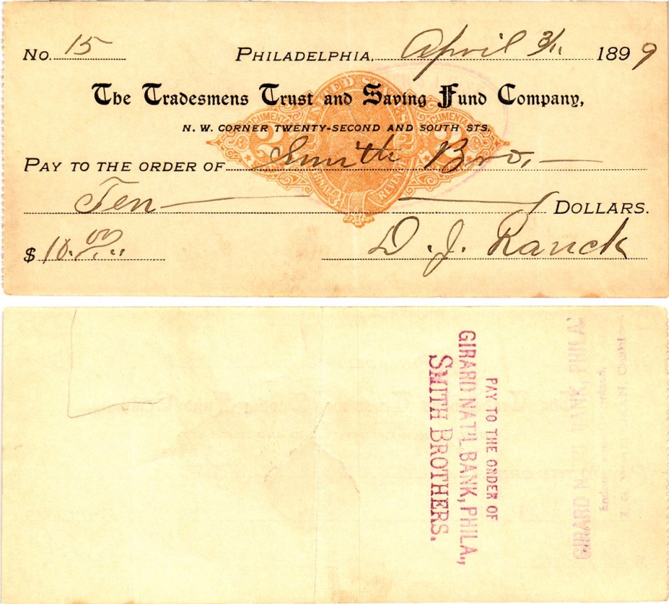 США чек на 18 долларов 1899 Филадельфия бумага 2196-50-1-1