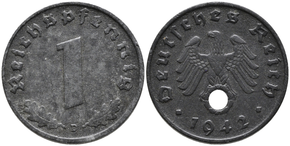 ГЕРМАНИЯ 1 РЕЙХСПФЕННИГ 1942 D KM 97, J.369 цинк 96-737