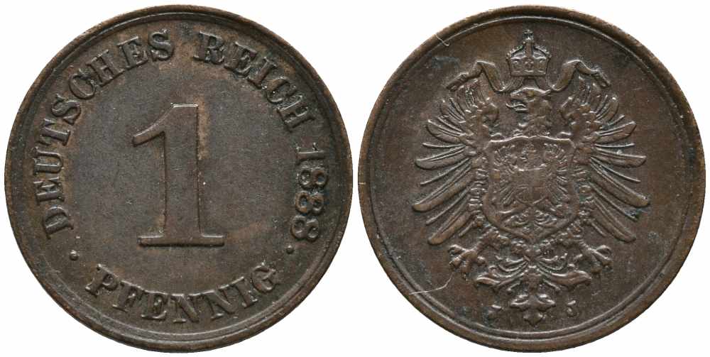 ГЕРМАНИЯ 1 ПФЕННИГ 1888 J, СТАРОГЕРБОВКА KM 1, J. 1 медь 112-124