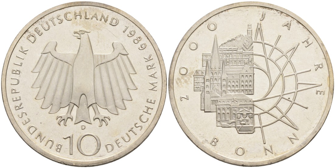ФРГ 10 марок 1989 D, 2000 лет городу Бонну J. 447, KM 172 серебро 4558-313