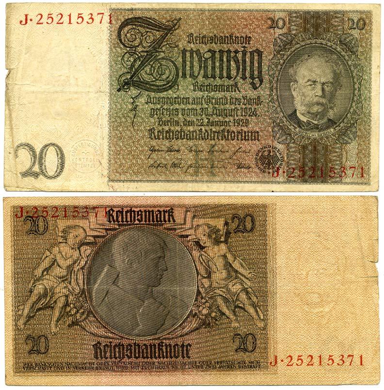 ГЕРМАНИЯ 20 РЕЙХСМАРОК 1929 Pick 181a бумага 3295-75-1