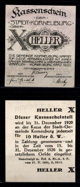Австрия, Корнойбург 10 геллеров 1920 бумага UNC (пресс) 2193-5-3-2