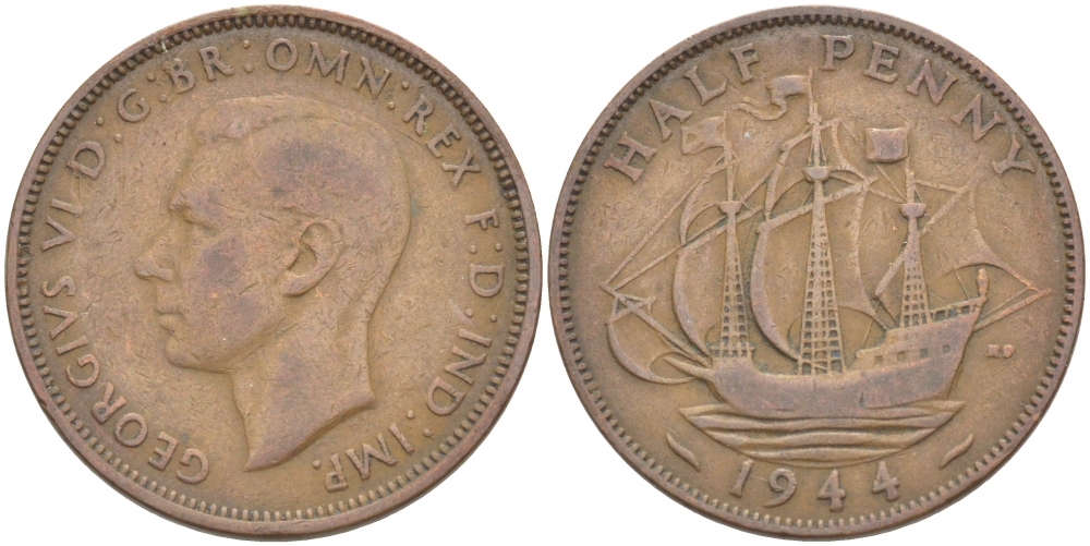 Великобритания 1/2 пенни 1944 Георг VI (1936-1952) KM 844, Spink 4115 бронза 212-1221