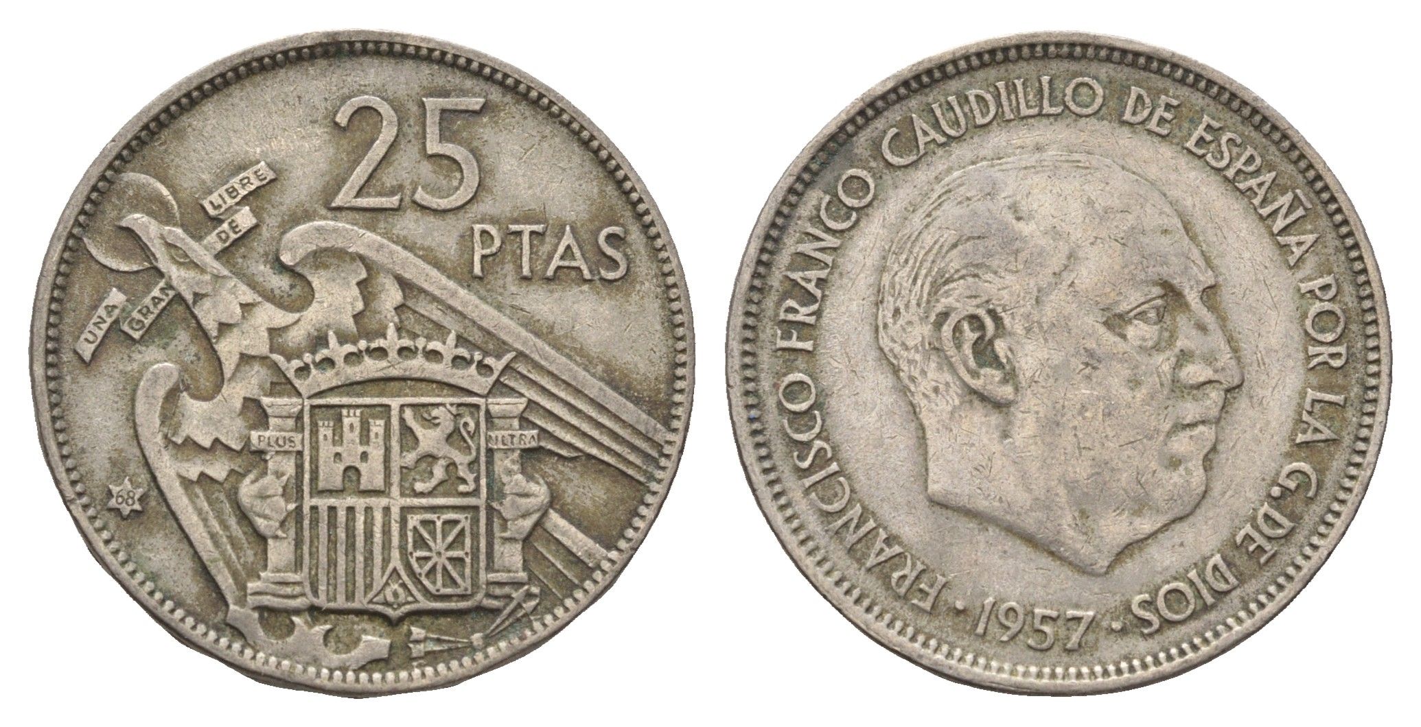 Испания 25 песет 1957 (68) Франсиско Франко (1939 - 1975) KM 787 медно-никель 4633-1053