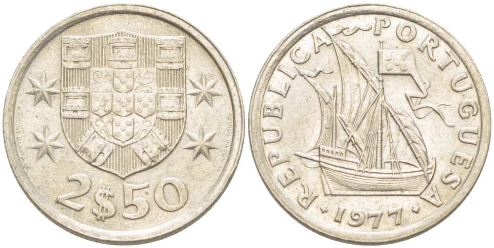 ПОРТУГАЛИЯ 2,5 ЭСКУДО 1977 ПАРУСНИК KM 590 медно-никель UNC 4513-1147