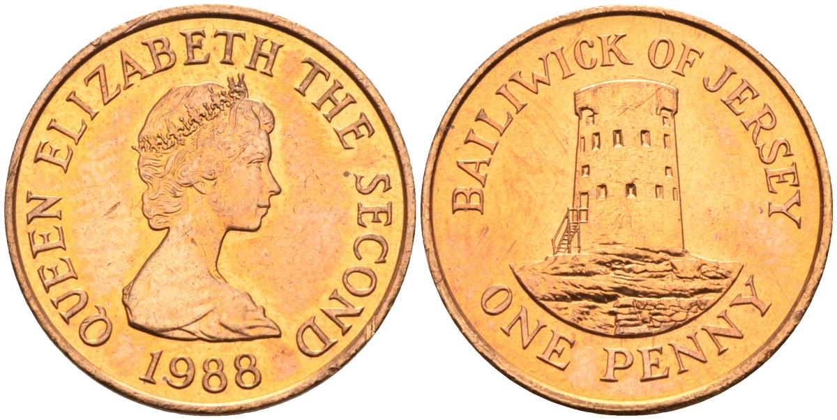 Джерси 1 пенни 1988 Елизавета II (1952-2022), башня Святого Клемента KM 54 бронза UNC 4582-213