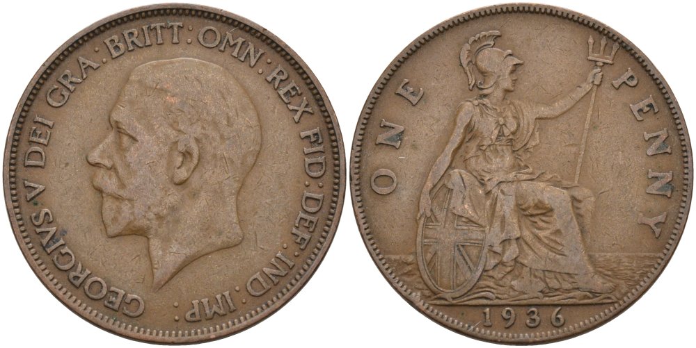 Великобритания 1 пенни 1936 Георг V (1910-1936) KM 838, Spink 4055 бронза 3333-1122