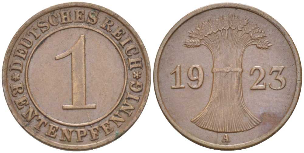 ГЕРМАНИЯ 1 РЕНТЕНПФЕННИГ 1923 А KM 30, J. 306 бронза 66-767