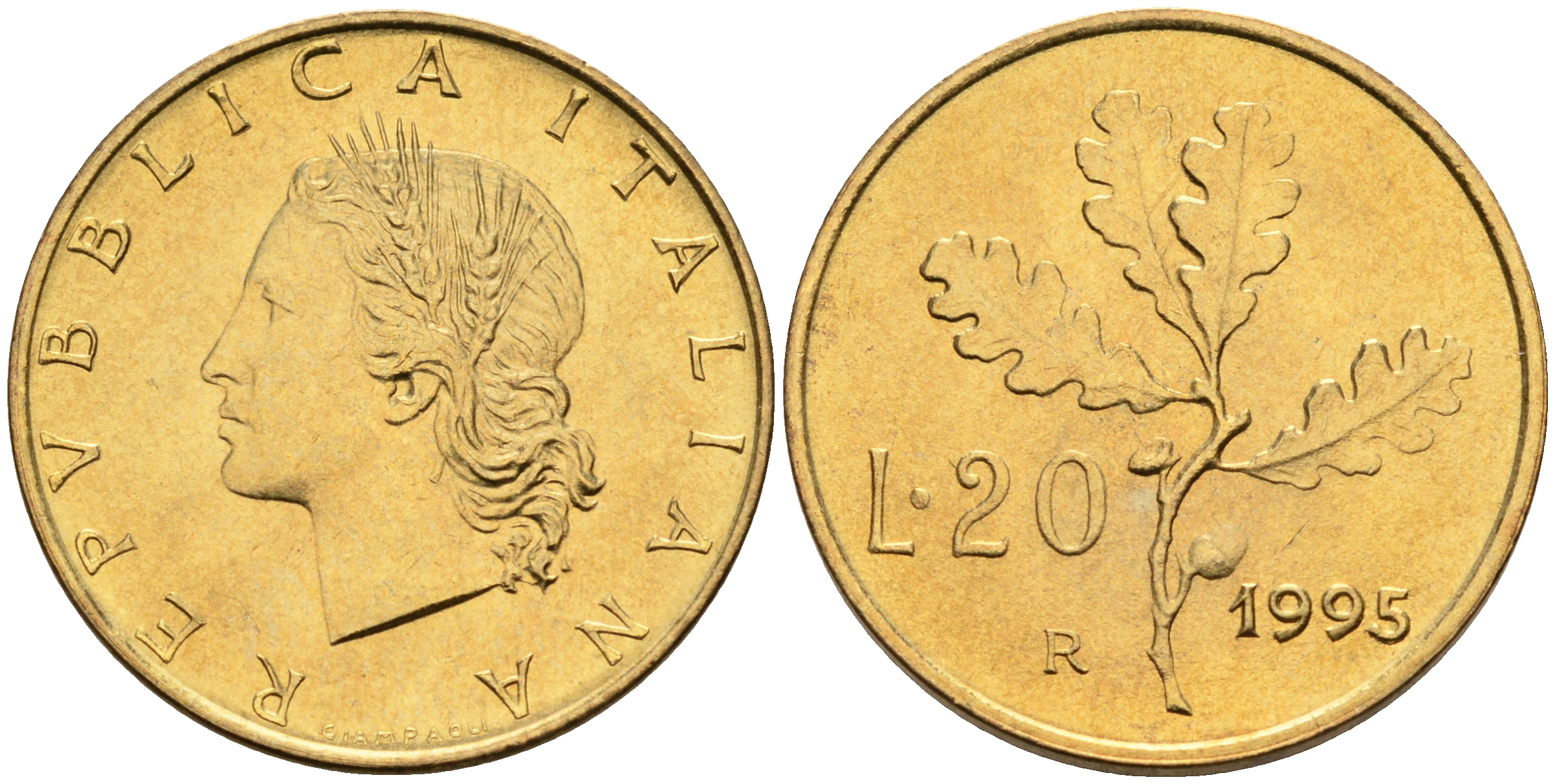 Италия 20 лир 1995 R, дубовый лист KM 97.2 алюминиевая бронза  UNC  4594-942