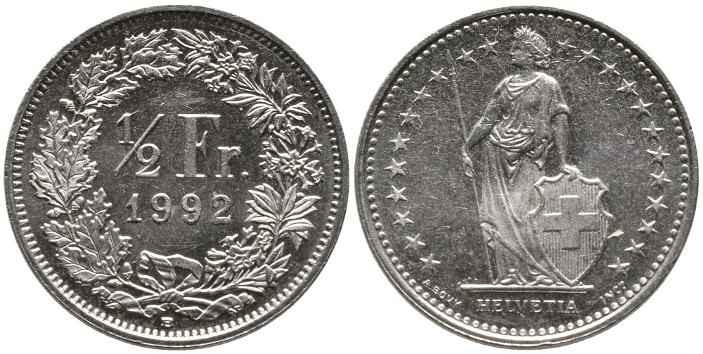 ШВЕЙЦАРИЯ 1/2 ФРАНКА 1992 В KM 23а.3 медно-никель 4528-566