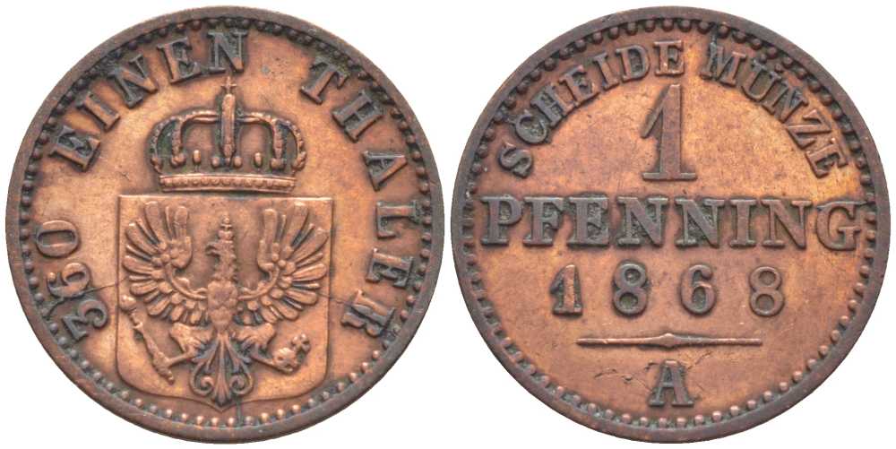 ПРУССИЯ 1 ПФЕННИГ 1868 А, ВИЛЬГЕЛЬМ I (1861-1888) KM 480 медь 201-552