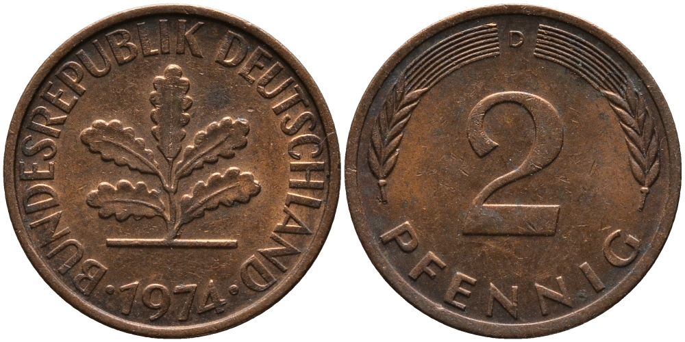 ФРГ 2 ПФЕННИГА 1974 D KM 106а, J.381а сталь плакированная сталь плакированная медьюю 33-235