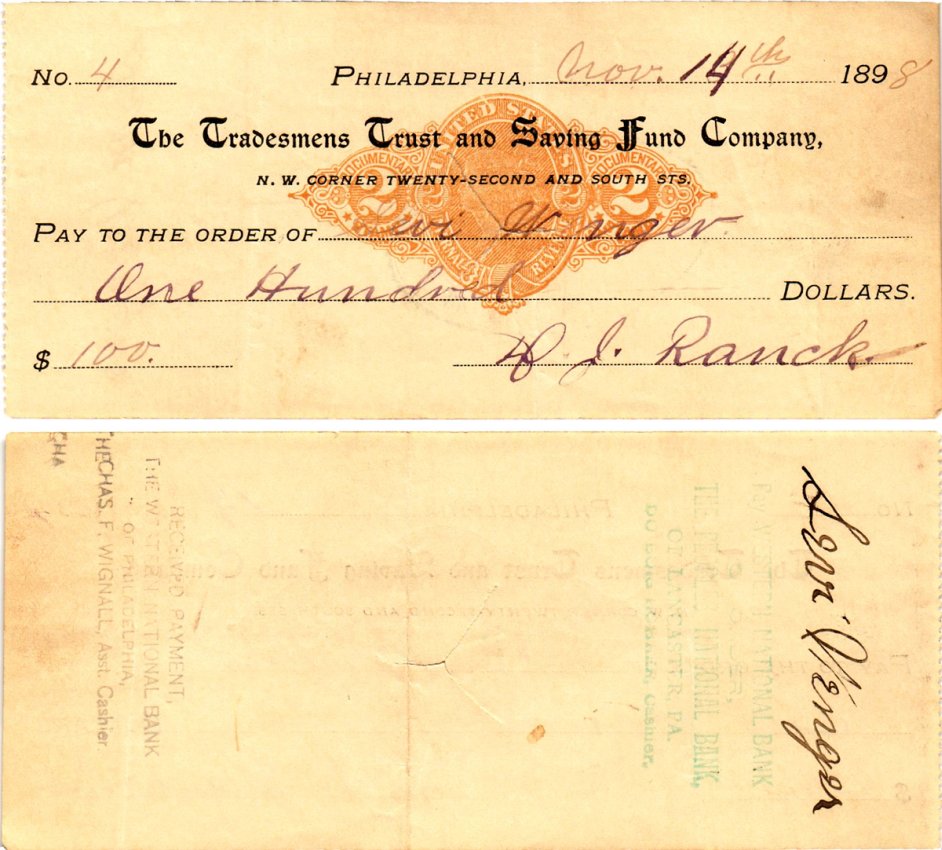 США чек на 100 долларов 1898 Филадельфия бумага 2196-17-3-2
