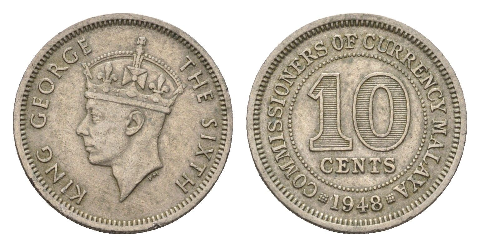 Малайя 10 центов 1948 Георг VI (1936-1952) KM 8 медно-никель 4124-255
