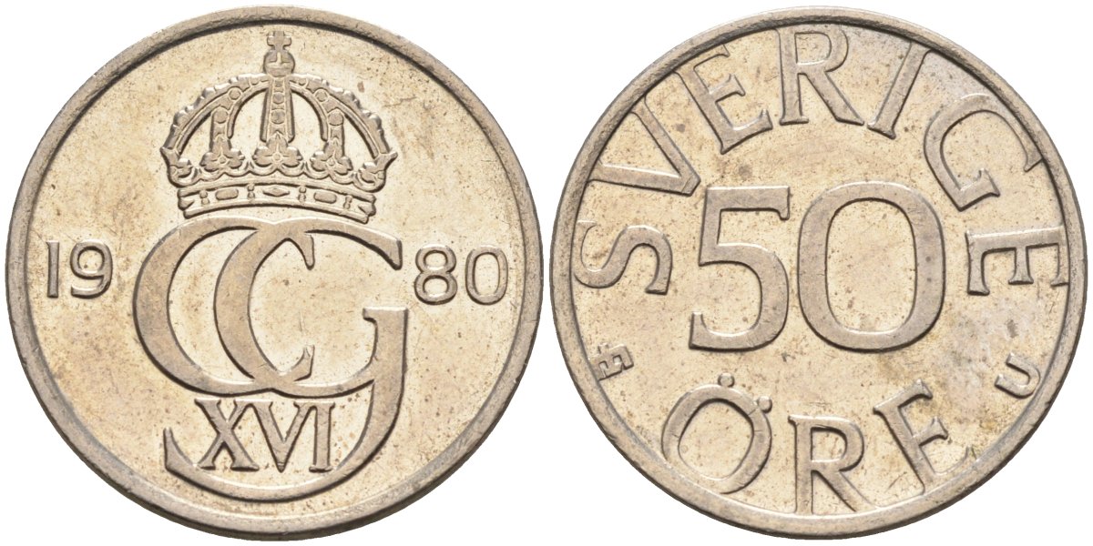 Швеция 50 эре 1980 U, Карл XVI Густав (1973- ) KM 855 медно-никель 4582-813