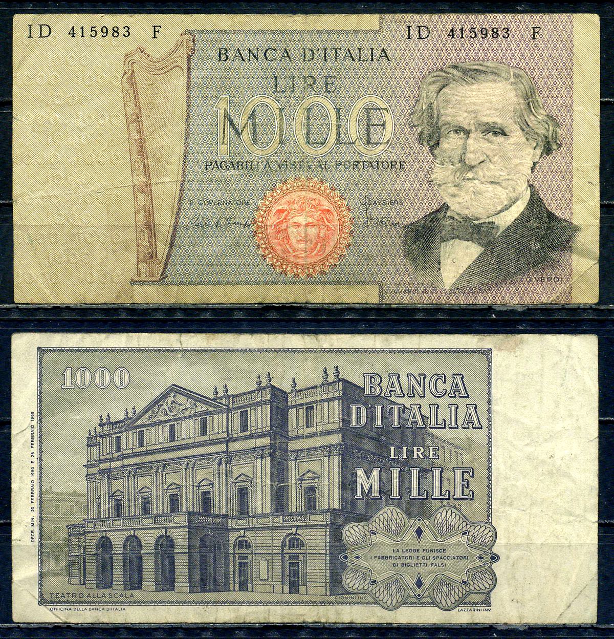 Италия 1000 лир 1980 20 февраля 1980, Джузеппе Верди, Милин Ла Скала Pick 101 g бумага 6294-33-4-2