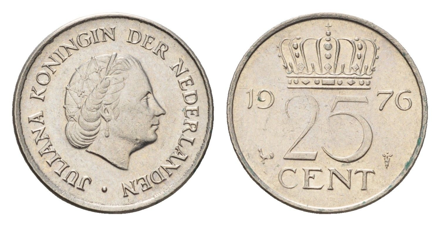 Нидерланды 25 центов 1976 Юлиана (1948-1980) KM 183 никель aUNC 4685-1028