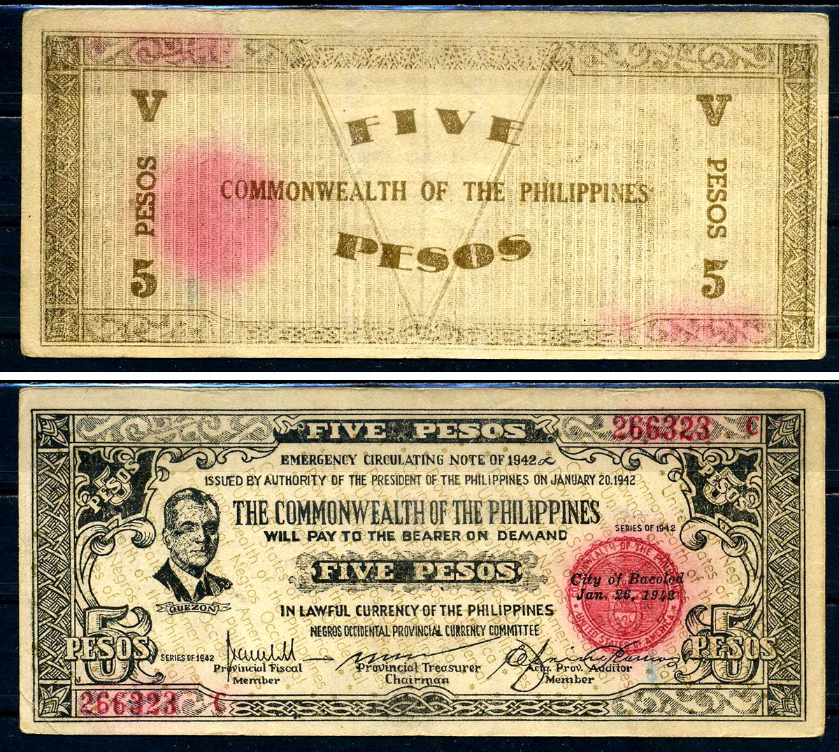 Филиппины 5 песо 1942 Филиппинский Национальный Банк (город Западный Негрос, партизанские деньги) серия D Pick S648 b бумага 7548-95-4-2