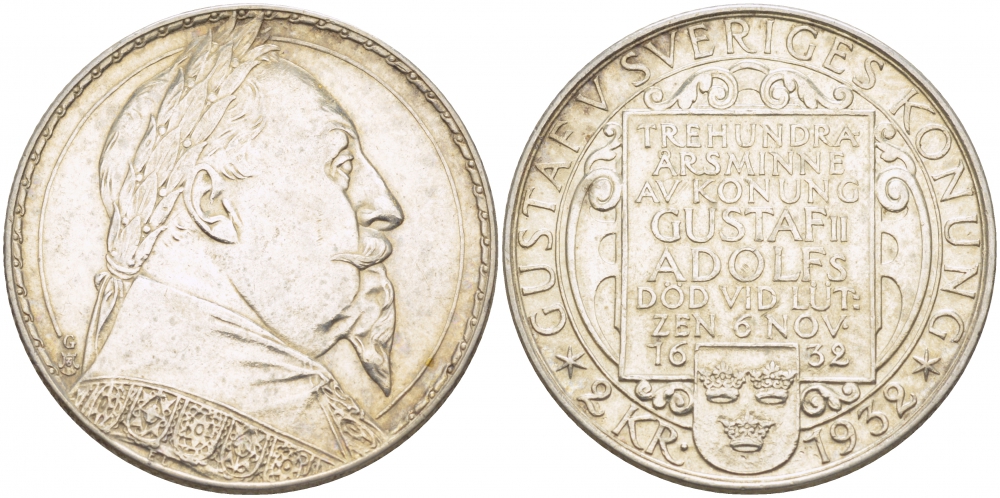 Швеция 2 кроны 1932 G, Густав V, 300 лет со дня смерти Густава II Адольфа KM 805 серебро 1515-1015
