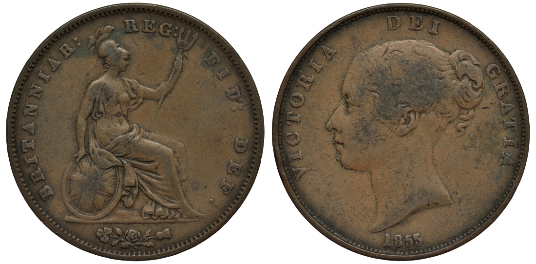 Великобритания 1 пенни 1855 Виктория (1837-1901) KM 739, Spink 3948 медь 1523-1331