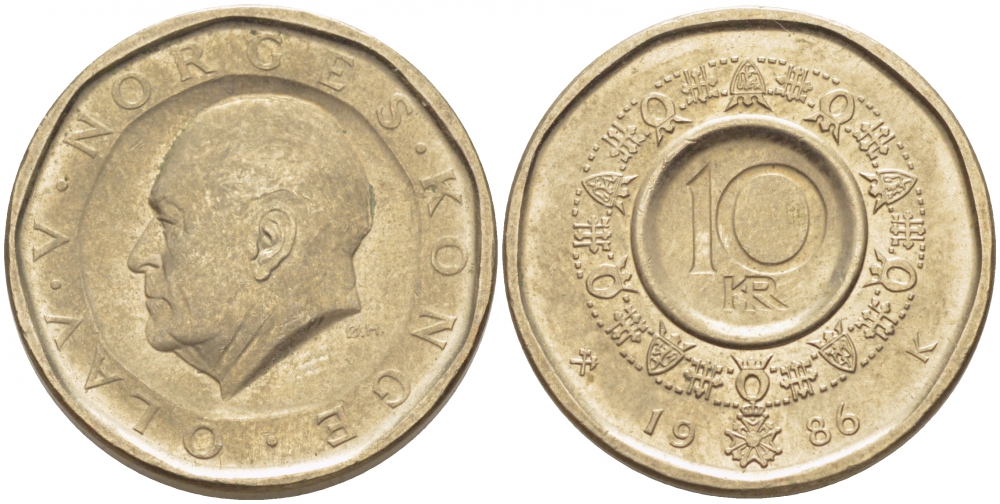 Норвегия 10 крон 1986 Улаф V (1957-1991) KM 427 медь цинк никель 4448-454