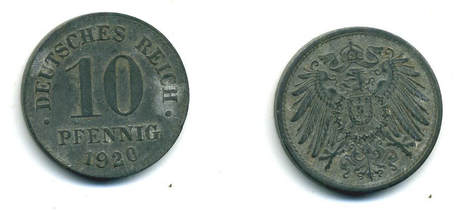 ГЕРМАНИЯ 10 ПФЕННИГОВ 1920 KM 26, J. 299 цинк 54-516