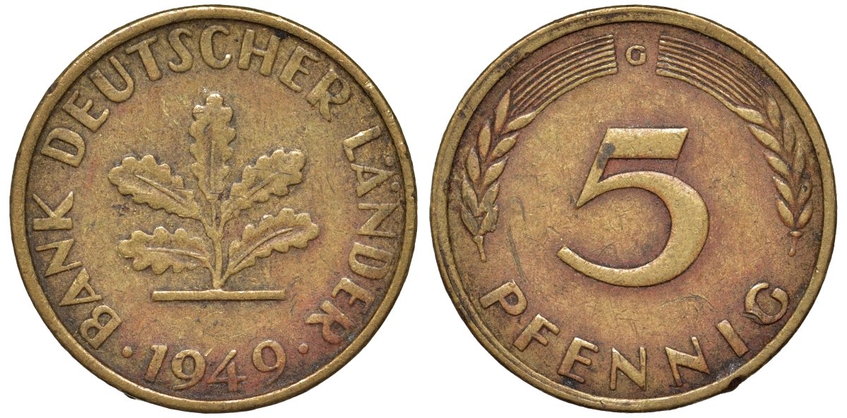 ФРГ 5 пфеннигов 1949 G KM 102 сталь плакированная бронзой 4174-511