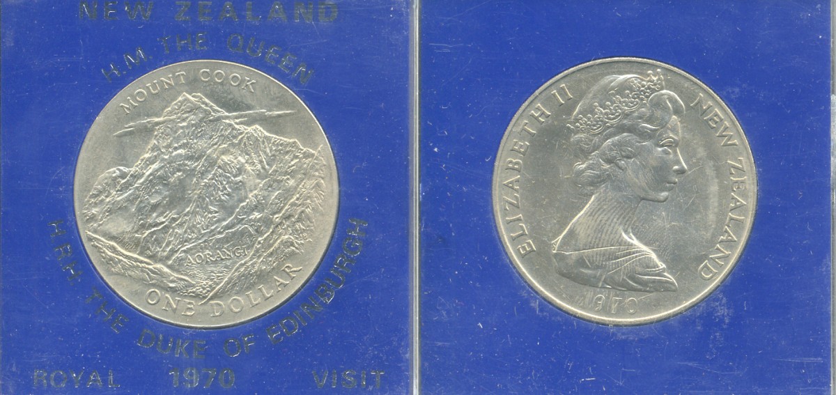 Новая Зеландия 1 доллар 1970 гора Кука, Аораки, Елизавета II (1952-2022), в оригинальной пластиковой упаковке KM 42 медно-никель UNC 06-059-2
