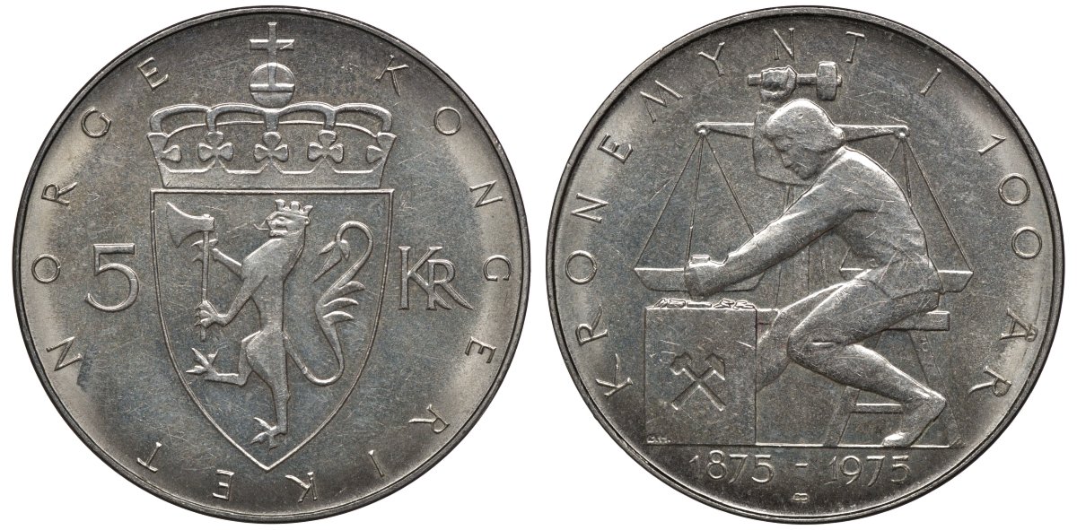 Норвегия 5 крон 1975 100 лет Норвежской кроне KM 421 медно-никель UNC 81-812